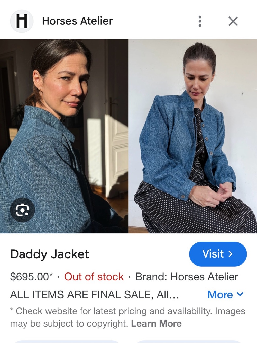 Horses Atelier Daddy Jacket — Dobby Denim — Size 1 — NWT — Brand Now Closed